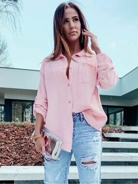 Cotton Crinkle Button-Up Shirt | Lightweight | Roll-Tab Sleeves